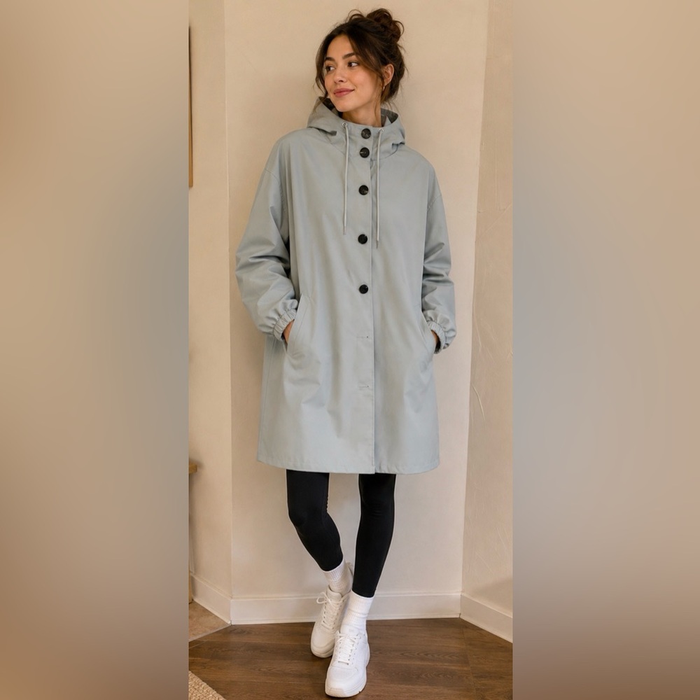 Pale Blue Grey Women's Hooded Raincoat Coat- NWOT